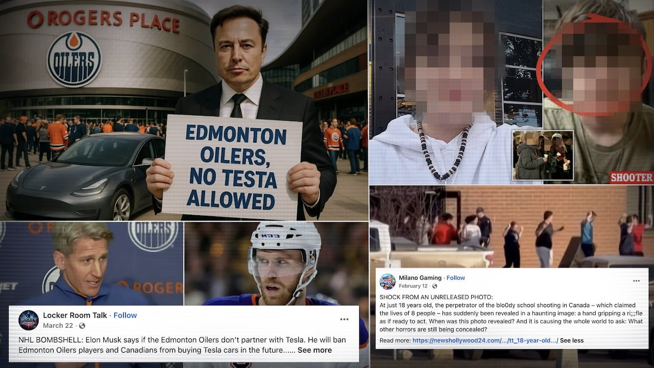 A composite image showing an AI-generated image of Elon Musk holding a sign, and an image about the Tumbler Ridge shooting.